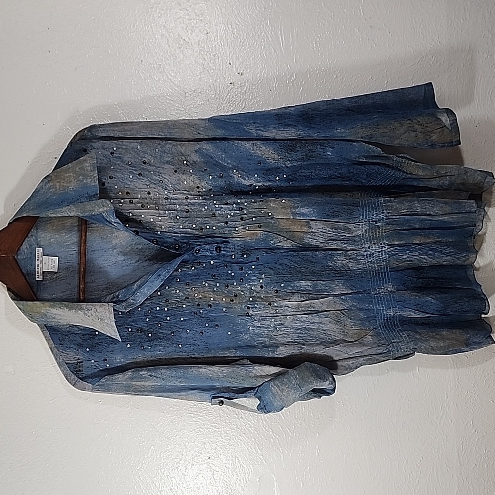 Alberto Makali Blue Beaded Sequined Pull Over Collared Sheer Blouse Size XL